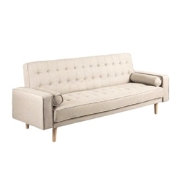 PINK SOFA CAMA TELA VELVET COLOR BEIGE PATA MADERA - Imagen 1